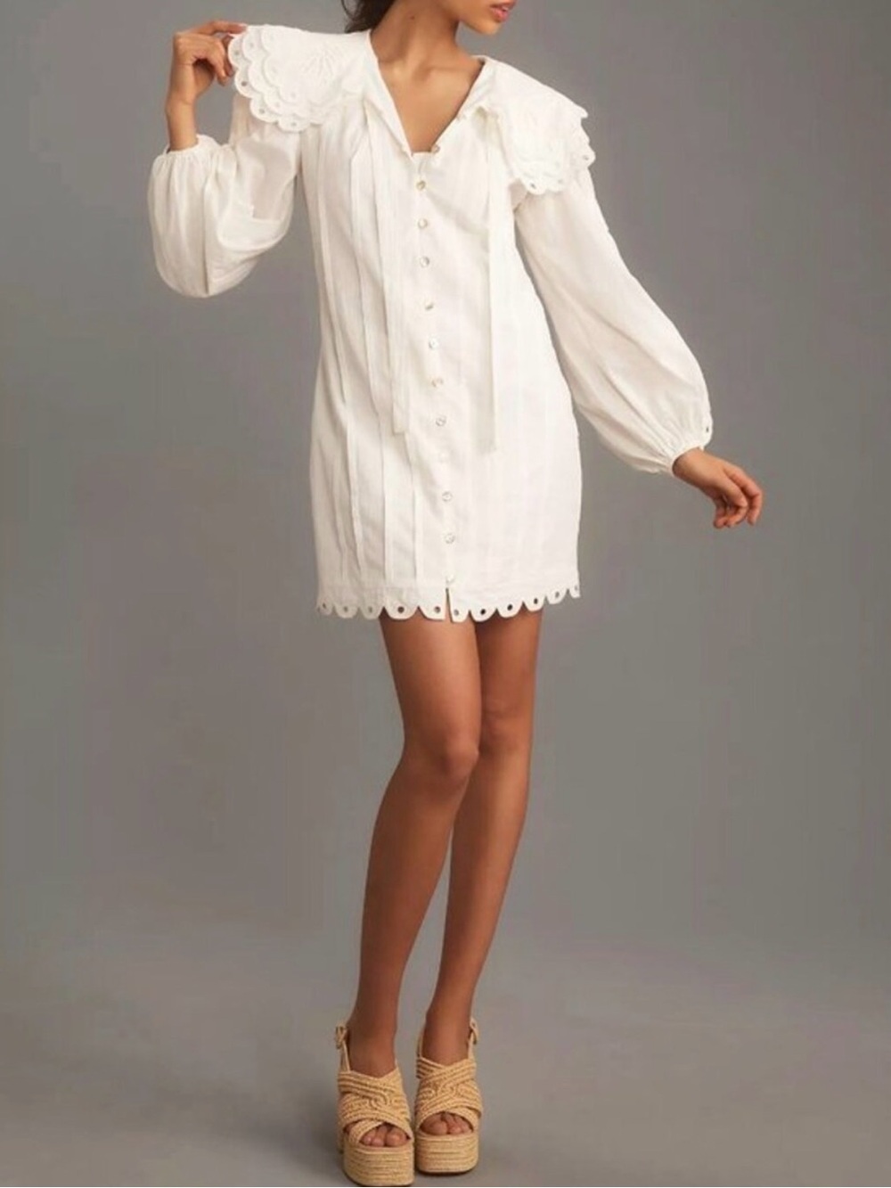 Farm Rio for Anthro white puff sleeve eyelet mini dress, size S